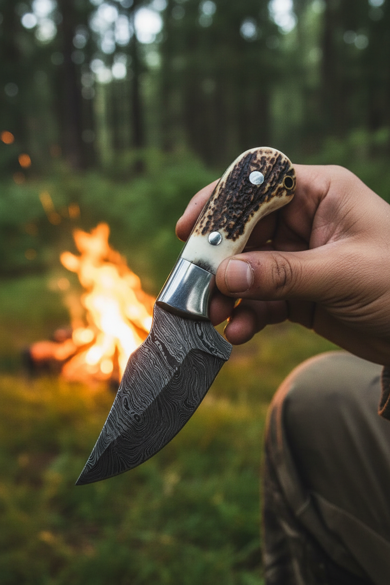 Hunter holding a Damascus skinning knife with stag antler handle