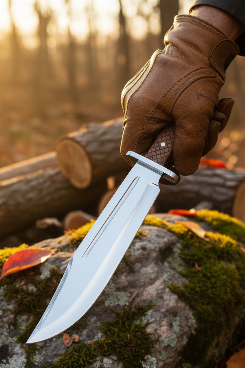 Timberfang Bowie knife shown in hand for scale
