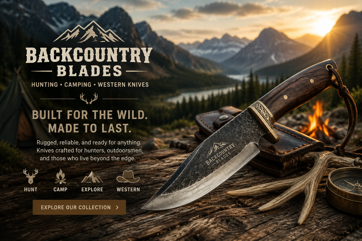 Backcountry Blades rugged hunting and camping knife hero banner with mountain landscape, campfire, and Western outdoor gear.