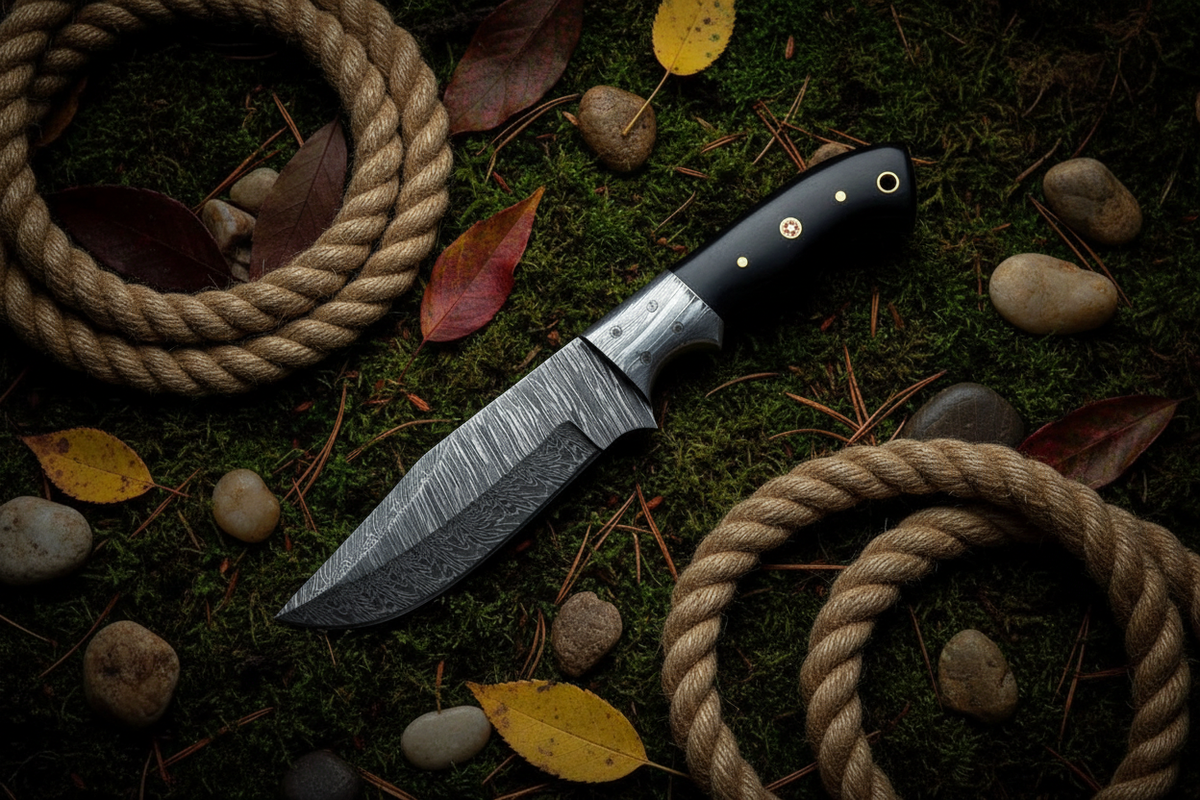 Hunter’s Blackhorn Damascus hunting knife with buffalo horn handle