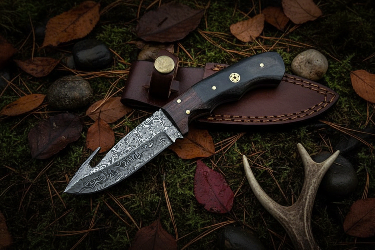 Black buffalo horn gut hook damascus knife diagonal