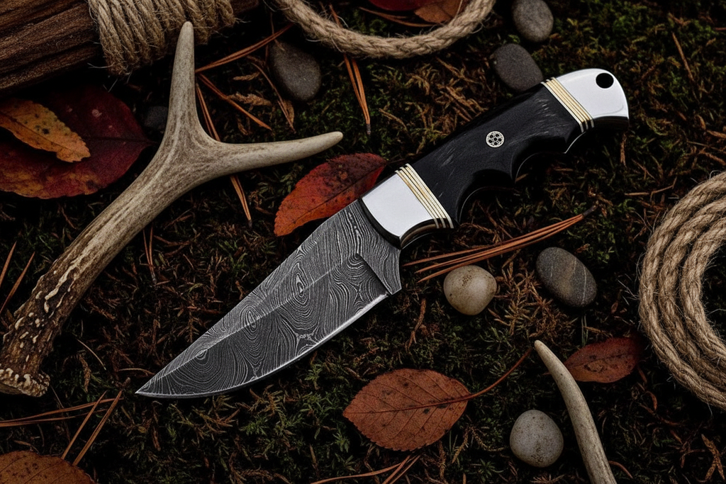 Hunter’s Buffalo Ridge Damascus hunting knife with buffalo horn handle
