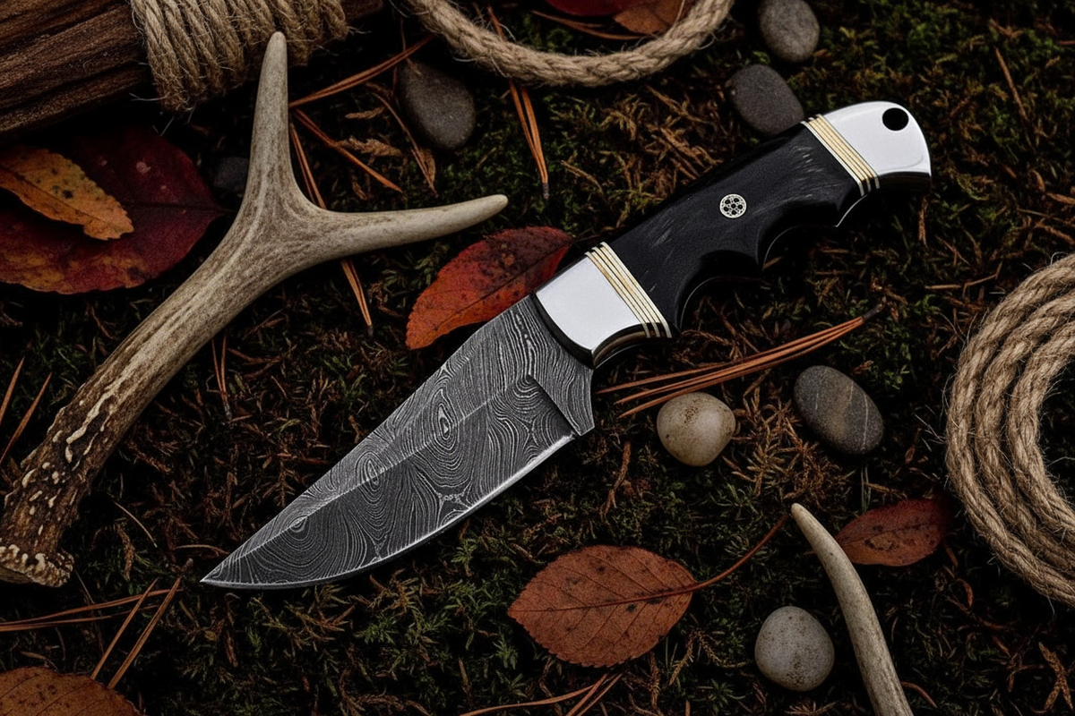 Hunter’s Buffalo Ridge Damascus hunting knife with buffalo horn handle