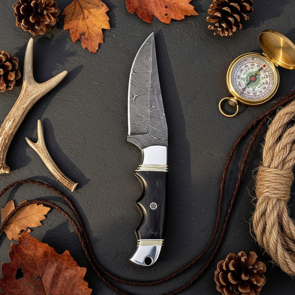 Hunter’s Buffalo Ridge Damascus hunting knife overhead view
