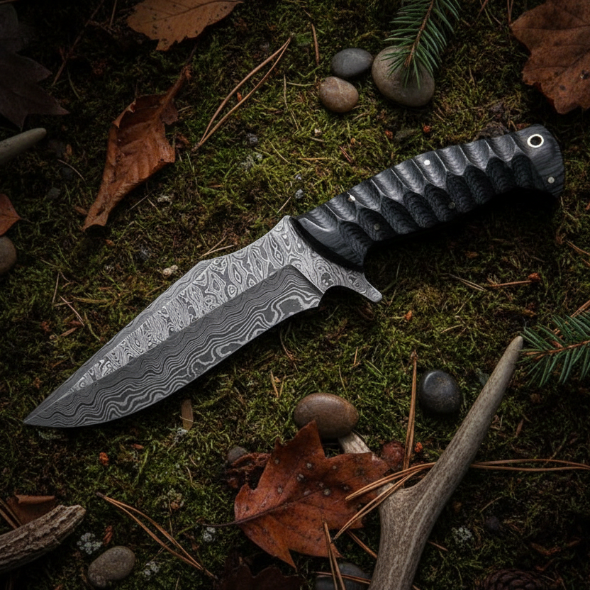 Black micarta damascus knife diagonal