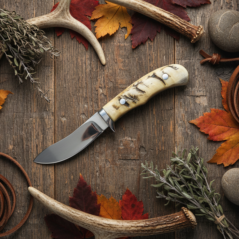 Hunter's Edge D2 steel skinning knife with sheep horn handle and leather sheath
