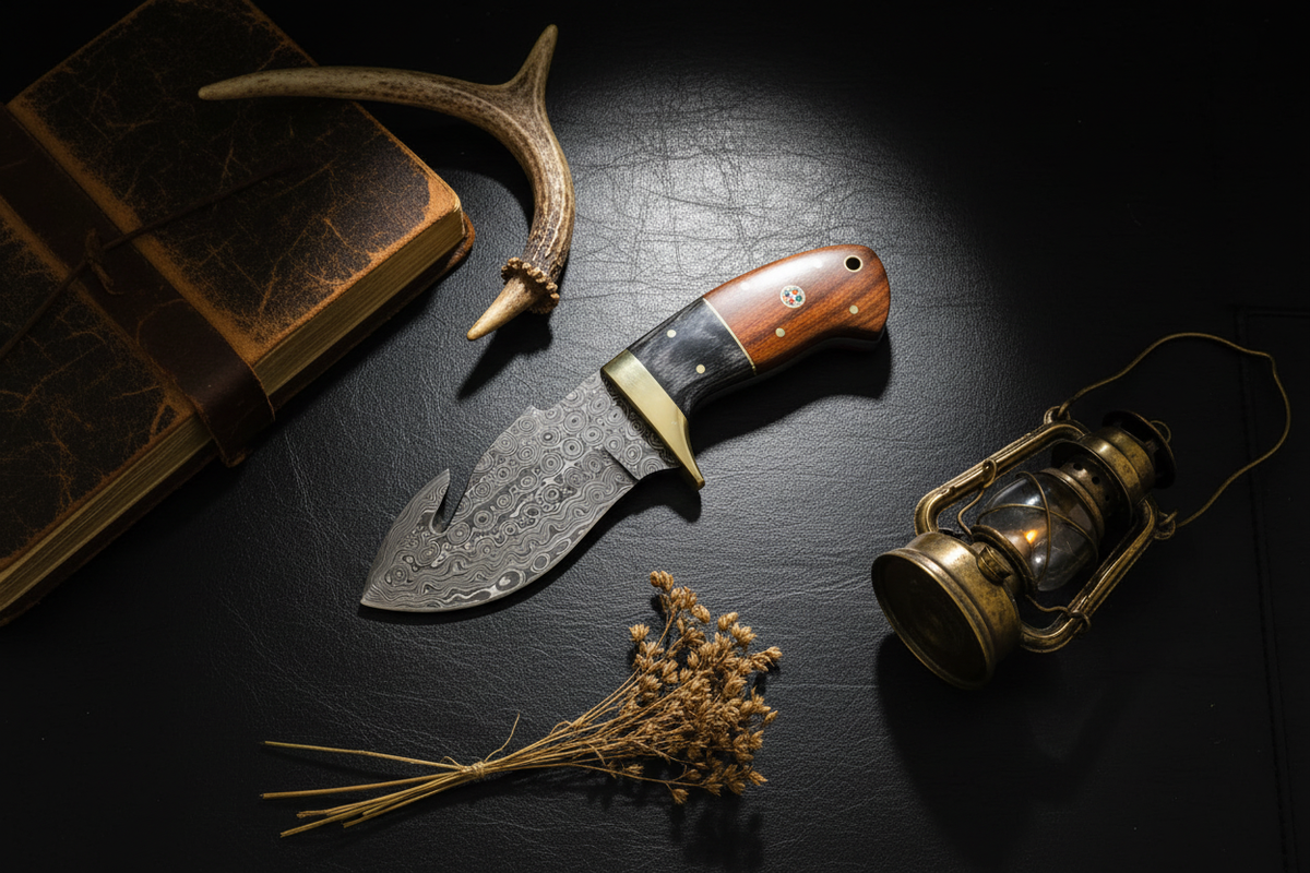 Buffalo horn rosewood damascus gut hook knife dark moody