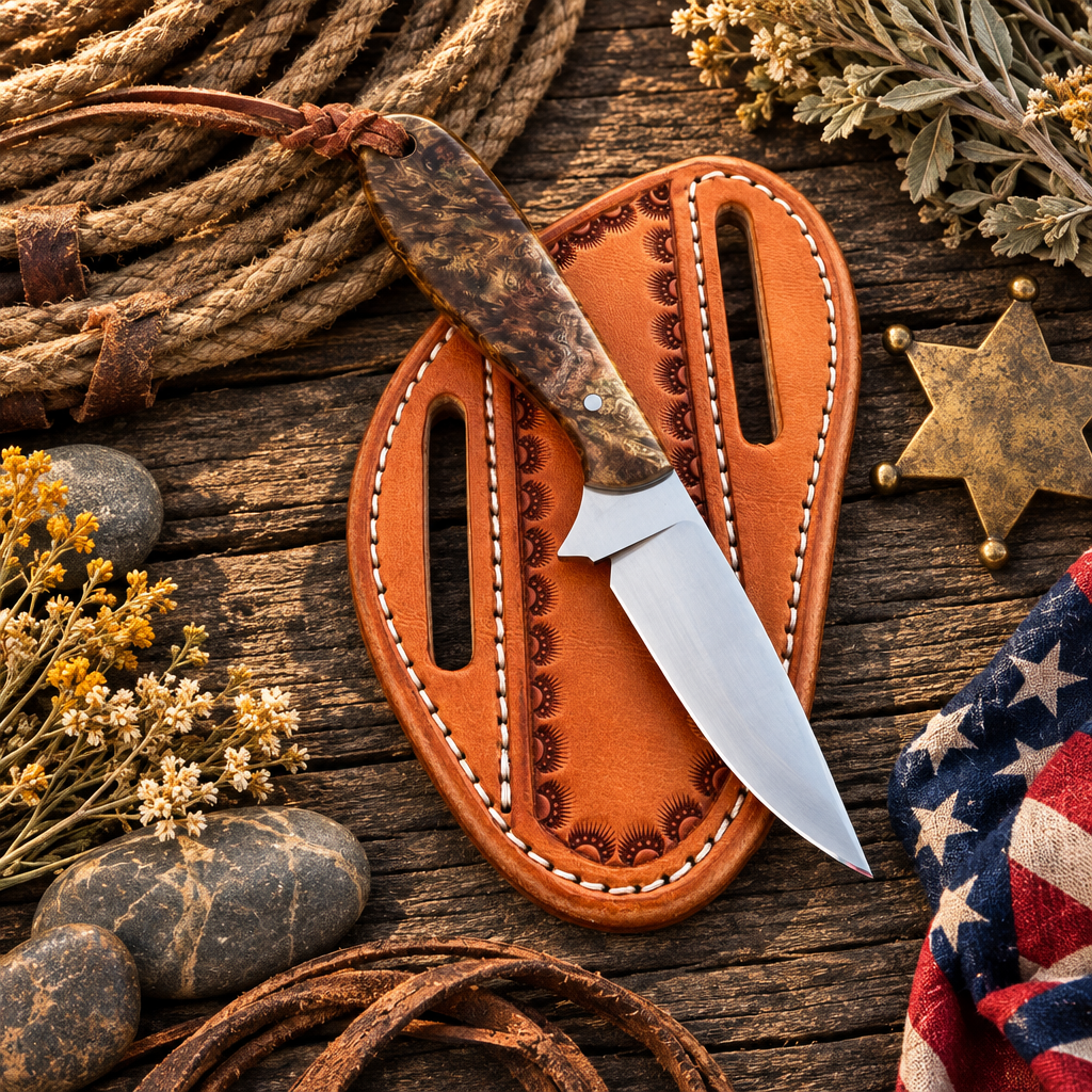 Saddle Ridge D2 Steel Cowboy Knife with Burl Wood Handle