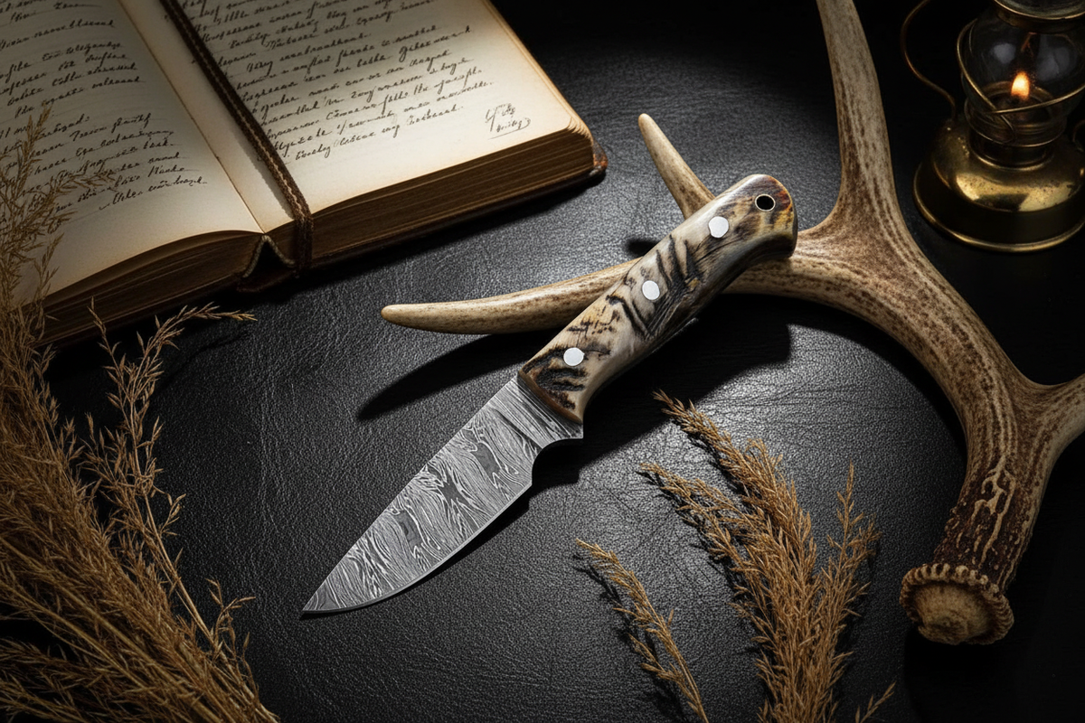 Hunter’s Mountain Fang Damascus hunting knife with mountain sheep horn handle