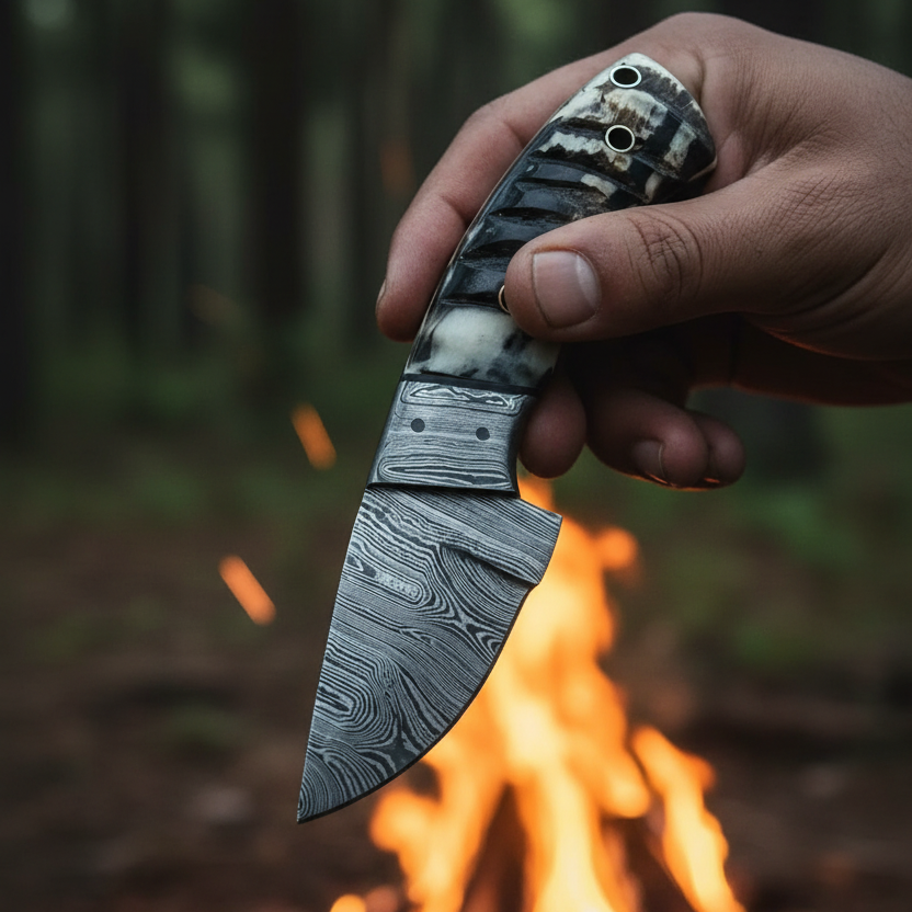 Hunter's Trail Damascus Skinning Knife shown in hand for scale