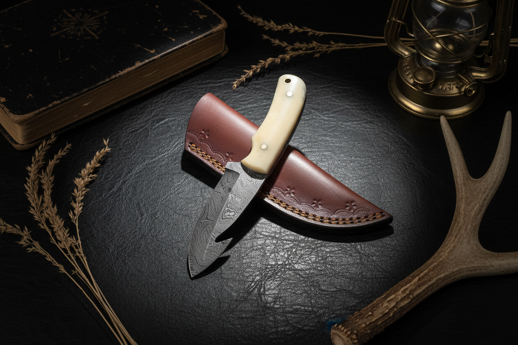 Compact cream bone damascus knife with burgundy sheath dark moody