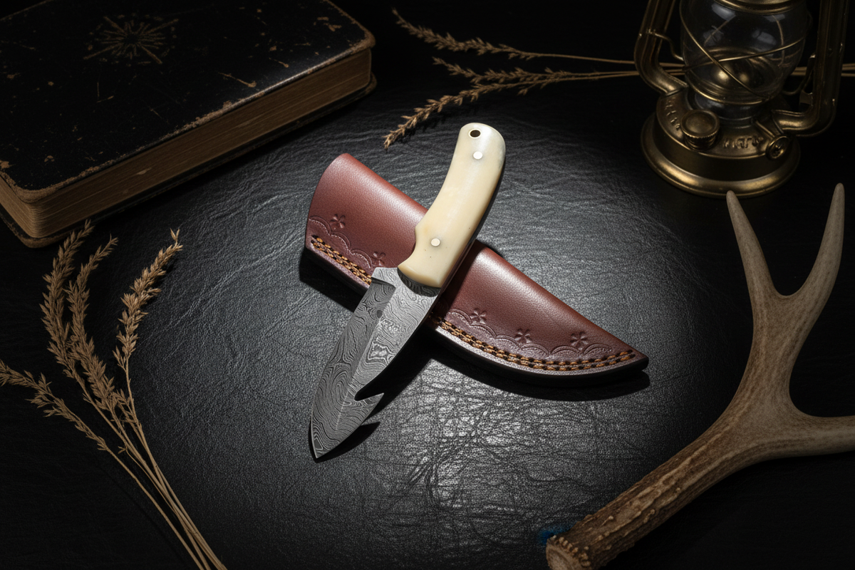 Compact cream bone damascus knife with burgundy sheath dark moody