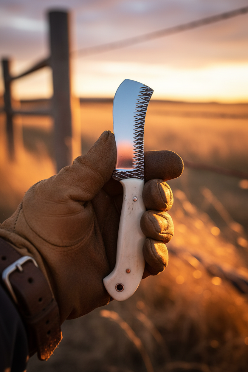Cowboy holding 7 inch ivory handle cleaver style western camp knife