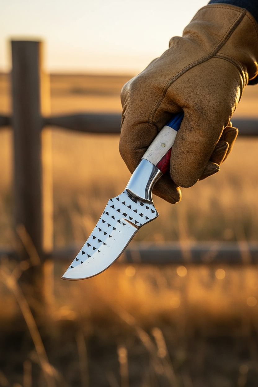 Cowboy holding 7 inch texas flag bull cutter rasp blade western knife