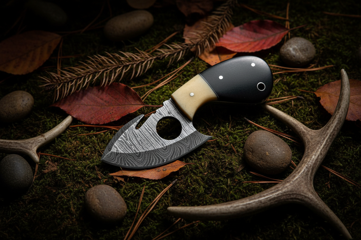 Cream bone buffalo horn finger hole damascus ulu knife diagonal
