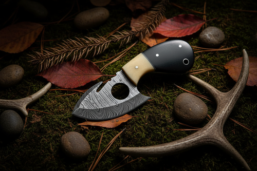 Cream bone buffalo horn finger hole damascus ulu knife diagonal