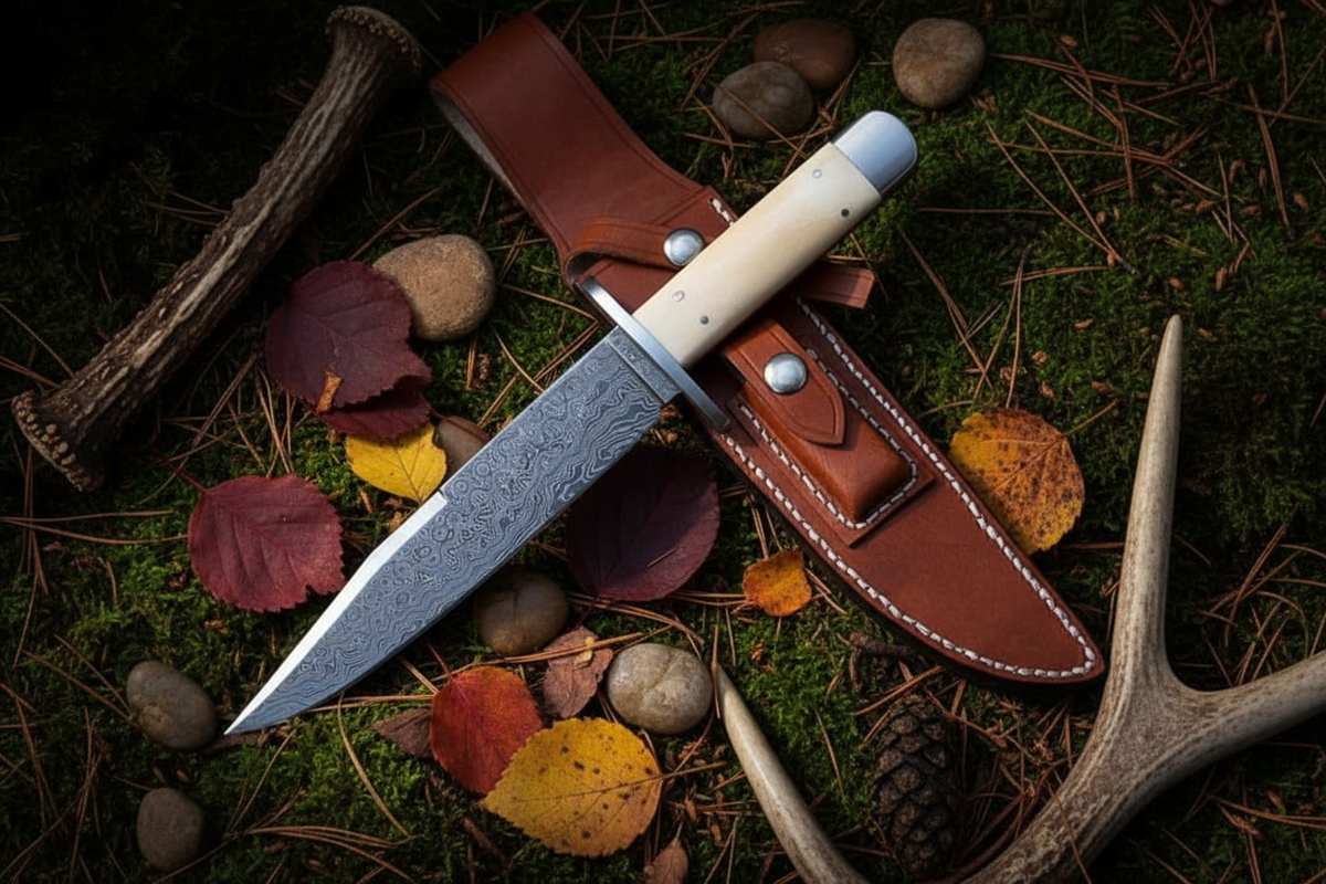 Cream bone damascus bowie partially drawn diagonal