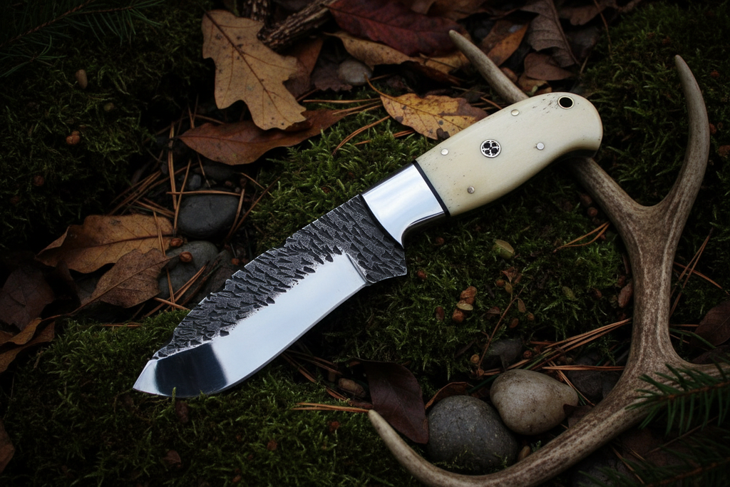 Cream ivory bone hammered damascus knife diagonal