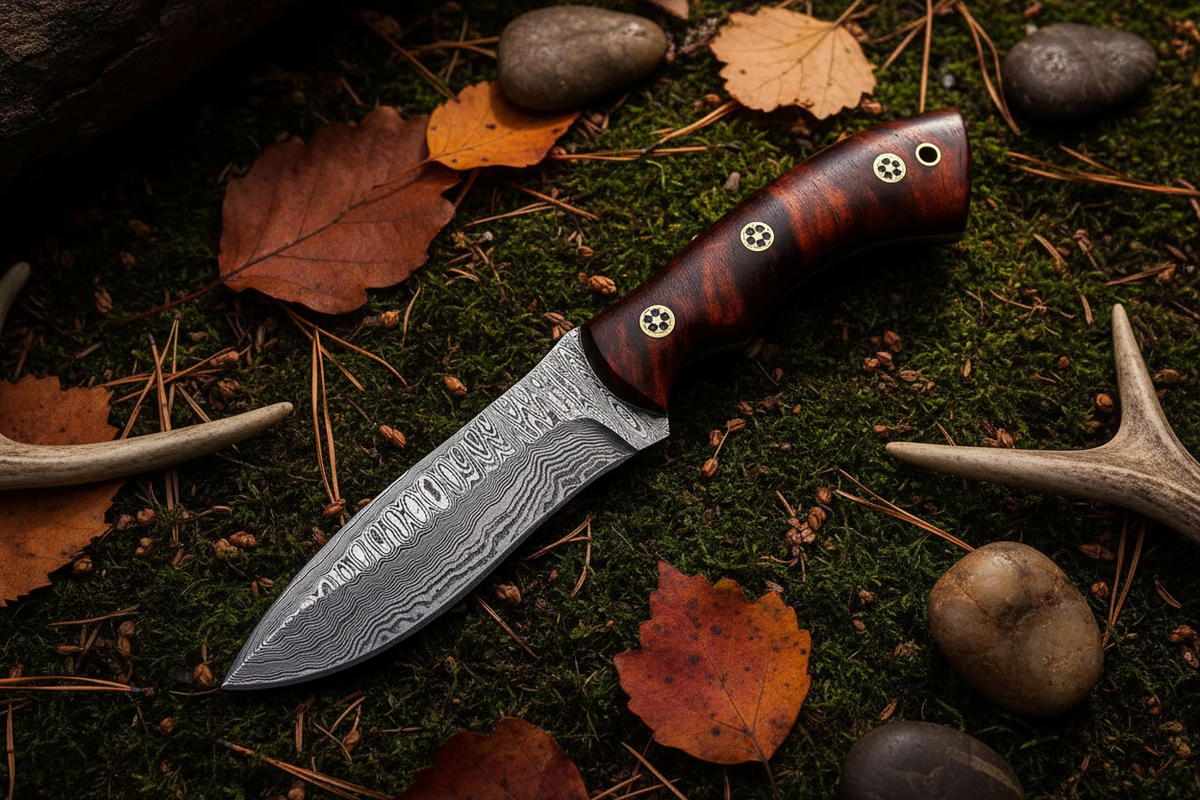 Crimson rosewood damascus knife diagonal