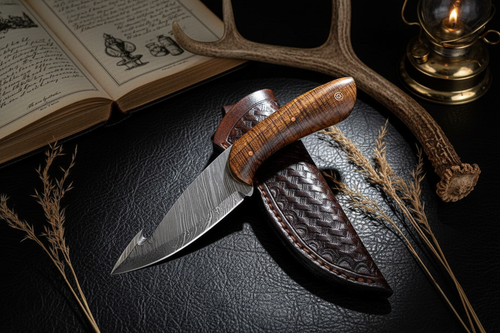 Curly flame maple damascus knife dark moody
