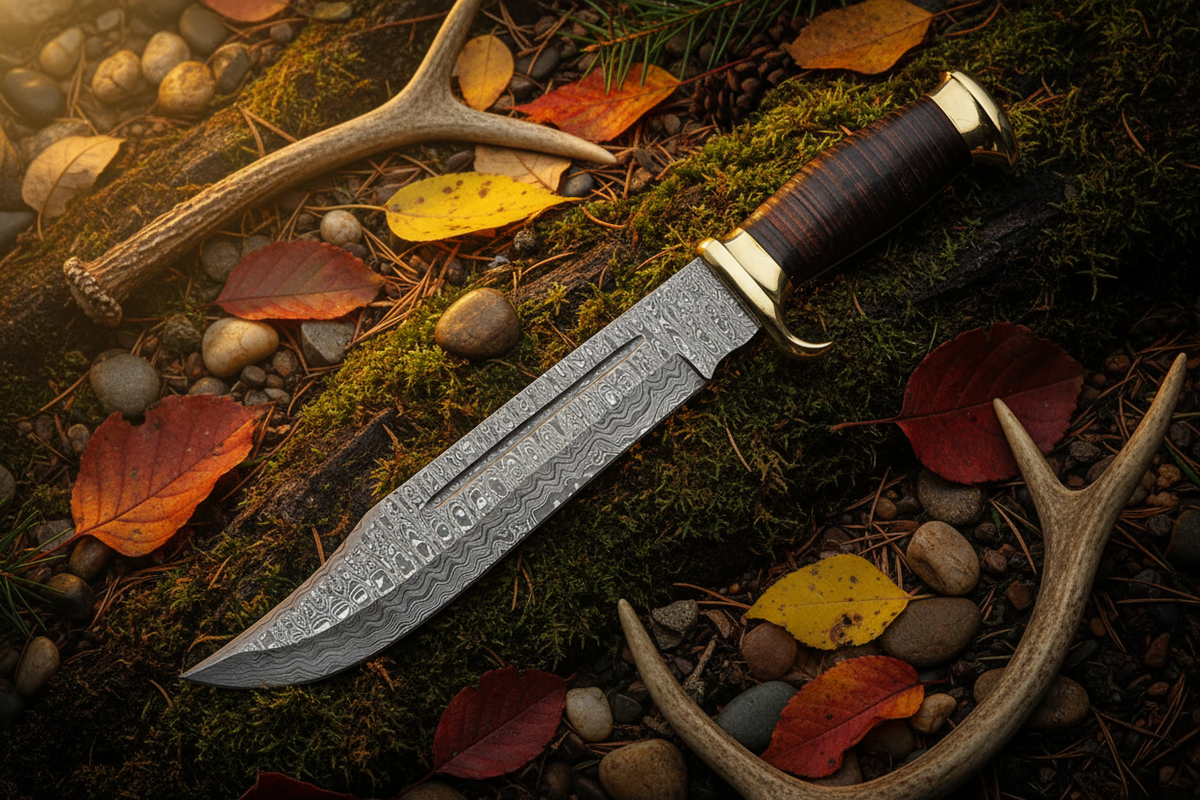 Damascus bowie brass d guard knife diagonal outdoor