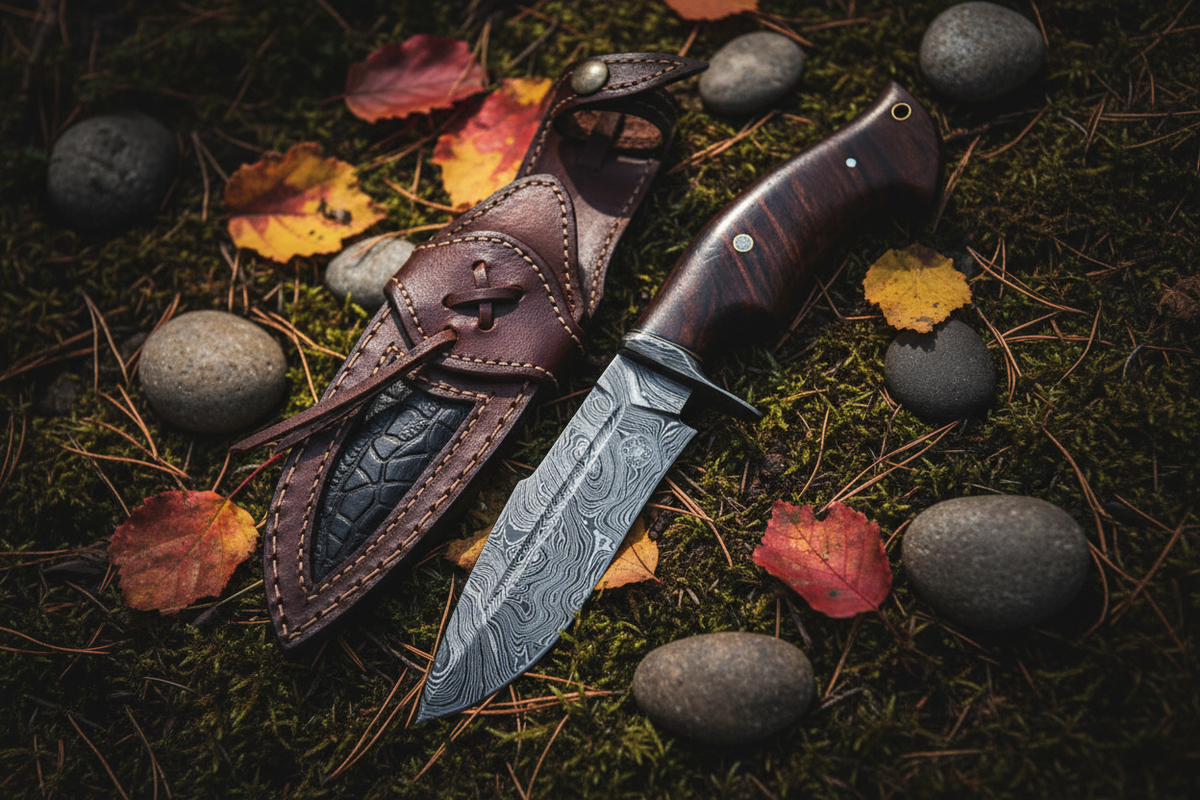 Hunter’s Damascus Ridge hunting knife with rosewood handle and Damascus guard