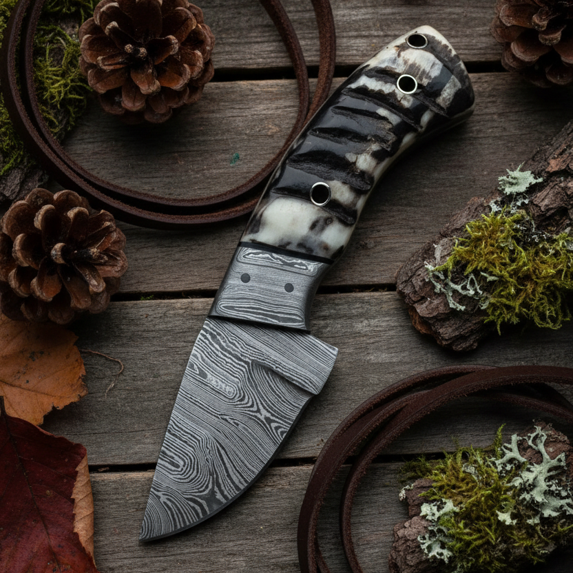 Hunter's Trail Damascus skinning knife with sheep horn handle and leather sheath