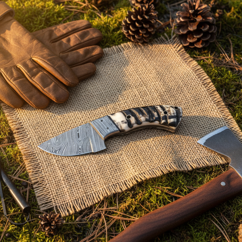 Hunter's Trail Damascus Skinning Knife with Sheep Horn Handle