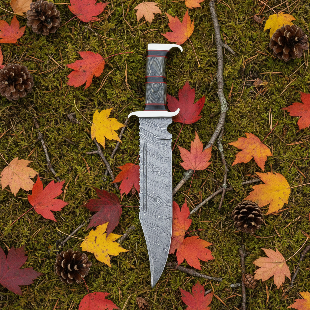 Wildcrest damascus bowie knife on forest floor
