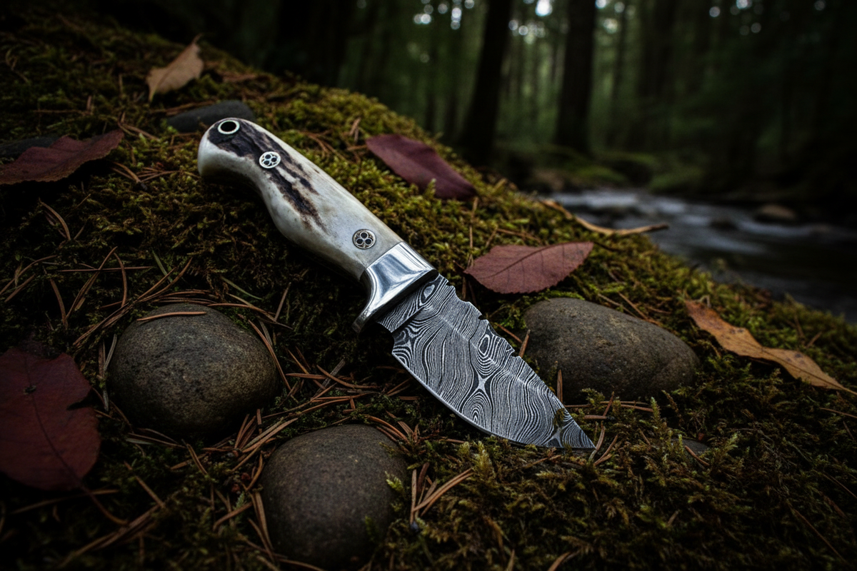 Trail Stalker twist Damascus skinning knife with antler horn handle and leather sheath