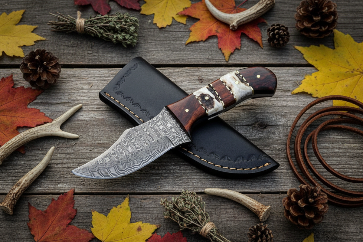 Hunter's Ridge Ladder Damascus Skinning Knife with Antler & Rosewood Handle