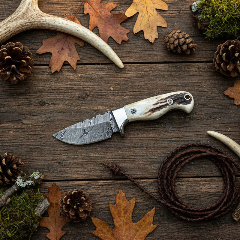 Trail Stalker Twist Damascus Skinning Knife with Antler Handle