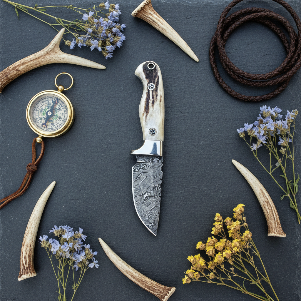 Trail Stalker twist Damascus skinning knife with antler horn handle and leather sheath