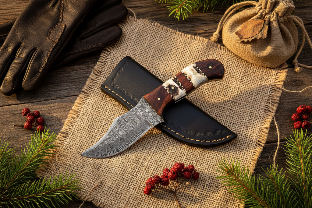 Hunter's Ridge ladder Damascus skinning knife with antler horn and rosewood handle