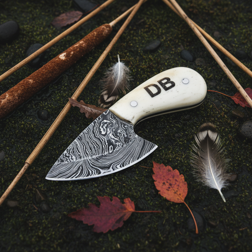 Hunter's Mark Twist Damascus Skinning Knife with Engraved Bone Handle
