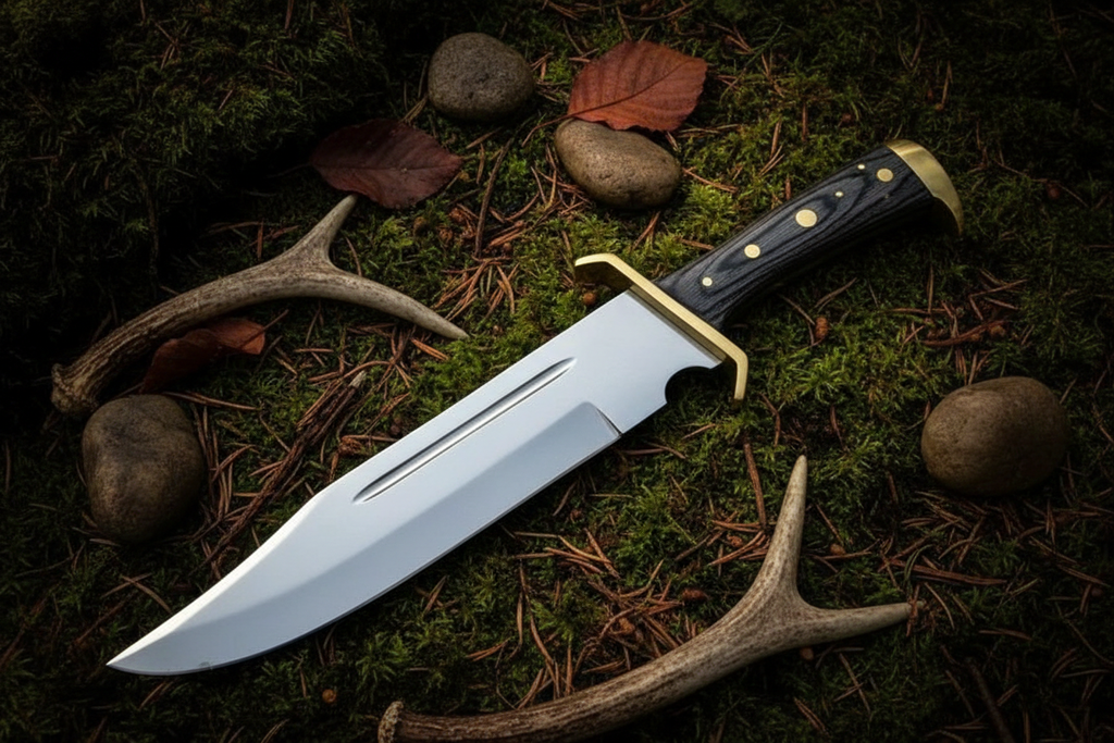 Dark pakkawood brass bowie knife diagonal