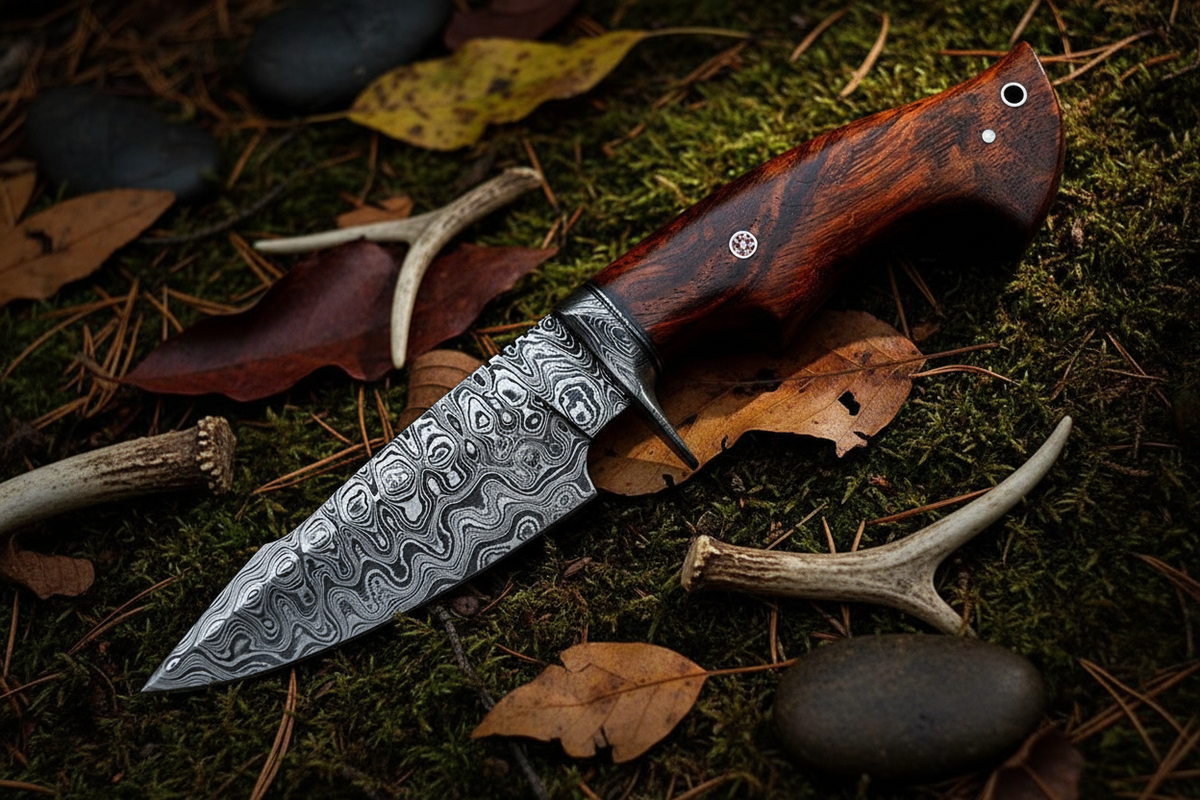 Hunter’s Rosewood Frontier Damascus hunting knife with rosewood handle