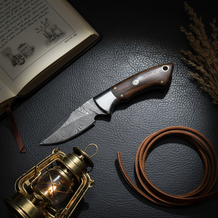 Ironwood Hunter Damascus skinning knife with rosewood handle, steel bolster and leather sheath