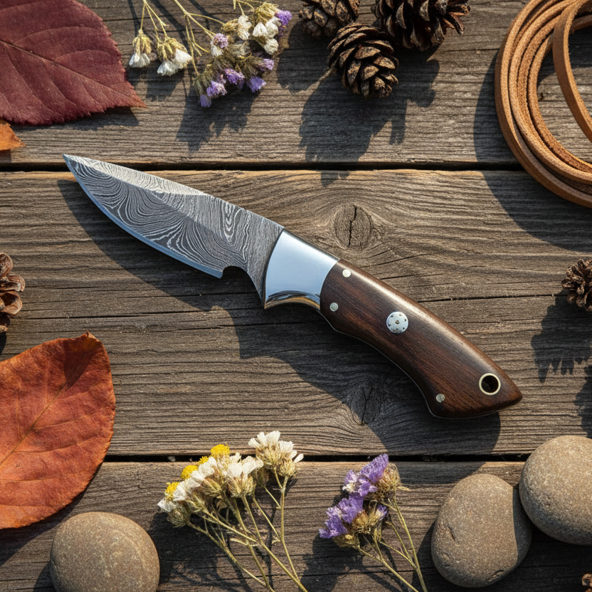 Ironwood Hunter Damascus Skinning Knife with Rosewood Handle