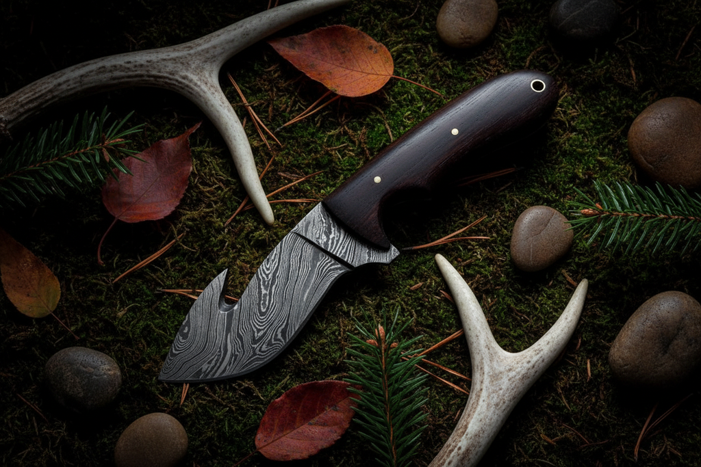 Ebony wood gut hook damascus skinner knife diagonal