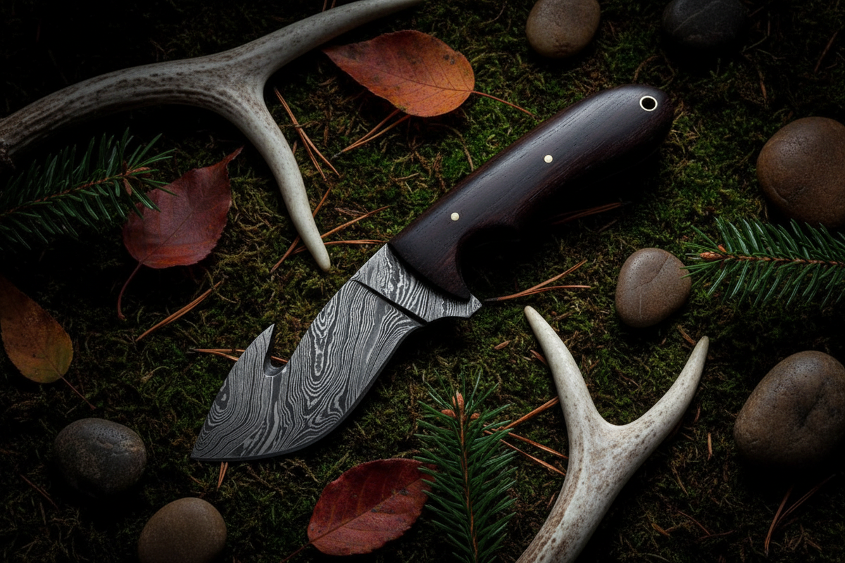 Ebony wood gut hook damascus skinner knife diagonal