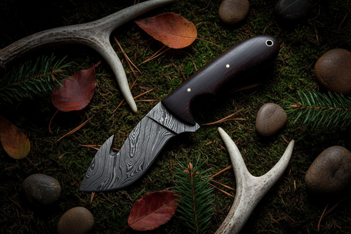 Ebony wood gut hook damascus skinner knife diagonal