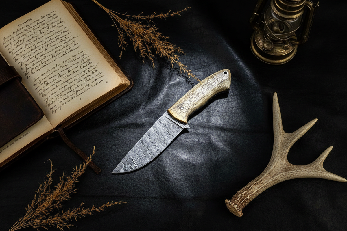 Timber Wolf Damascus skinning knife with exotic walnut wood handle