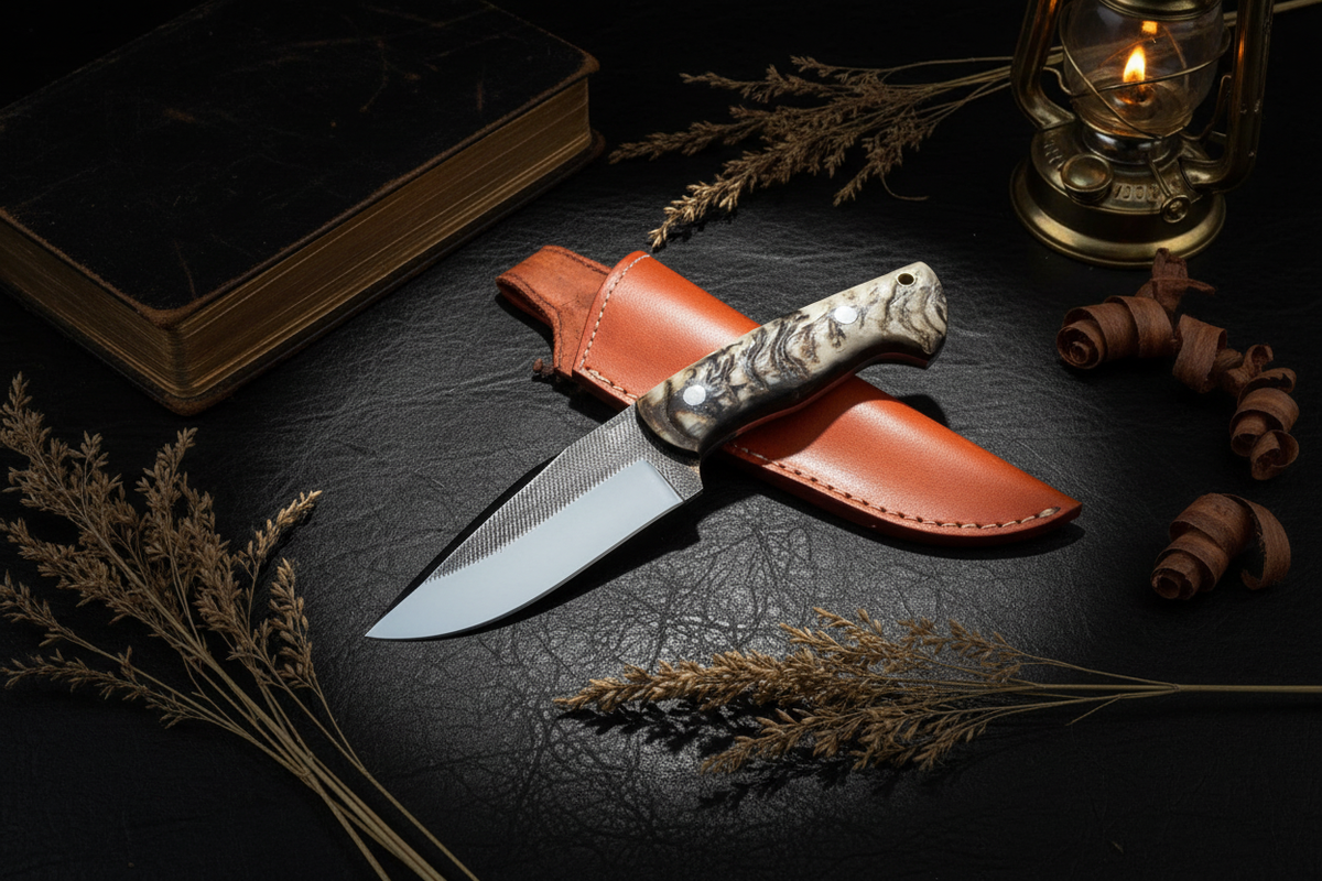 Hunter’s Sheep Horn Tracker hunting knife with natural sheep horn handle