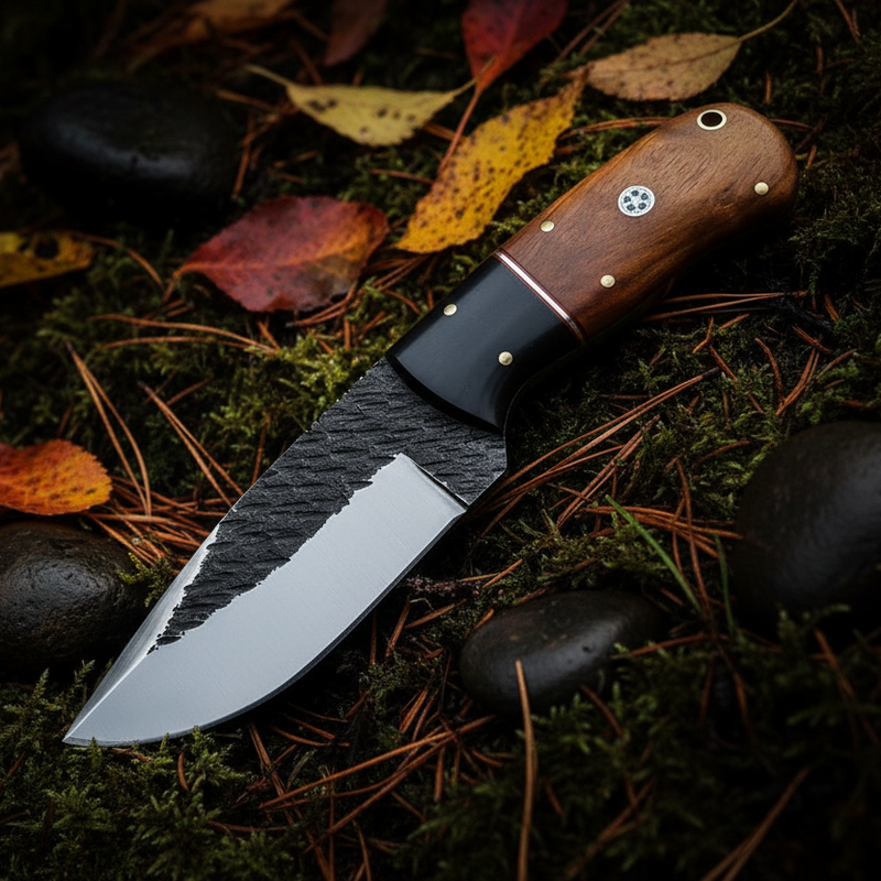 Buffalo Trail 1095 forged steel skinning knife with rosewood and buffalo horn handle and leather sheath