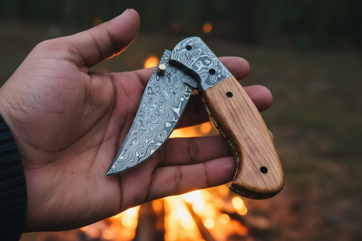 Hand holding open ash wood damascus folding knife by a campfire