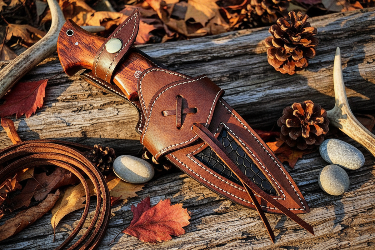 Handcrafted dark brown leather knife sheath