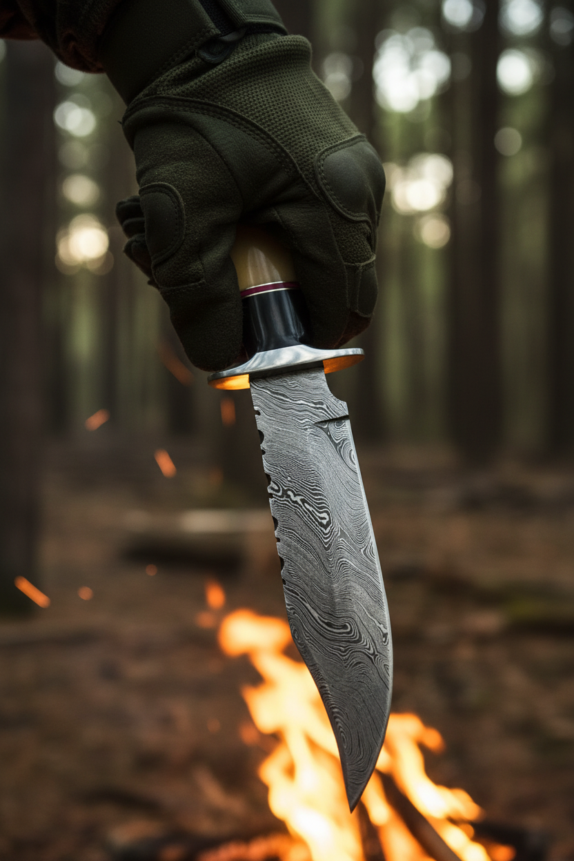 Hunter holding 10.5 inch stacked ivory bone crimson damascus hunting knife