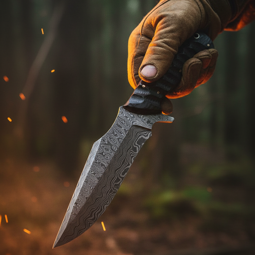 Hunter holding 10 inch black micarta damascus hunting knife