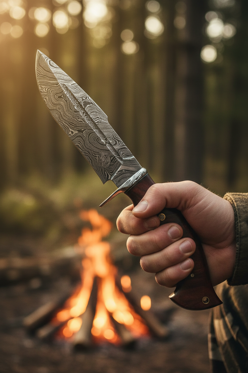Hunter’s Damascus Ridge hunting knife shown in hand for scale